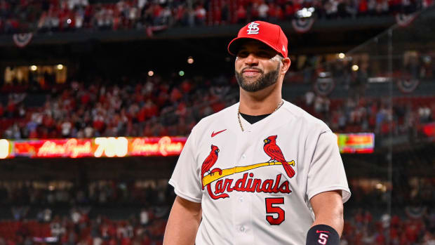 Cardinals designated hitter Albert Pujols attends a ceremony for his 700th home run in 2023.